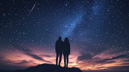 Fotobehang silhouette of a couple with their backs turned, standing on top of a hill, witnessing the beauty of a meteor shower in the night sky generative ai © ThisDesign