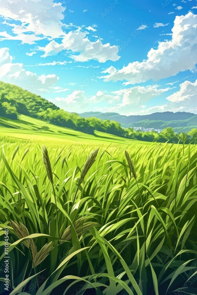 Poster a picturesque view of a grass field with majestic mountains in the background. ideal for nature-them