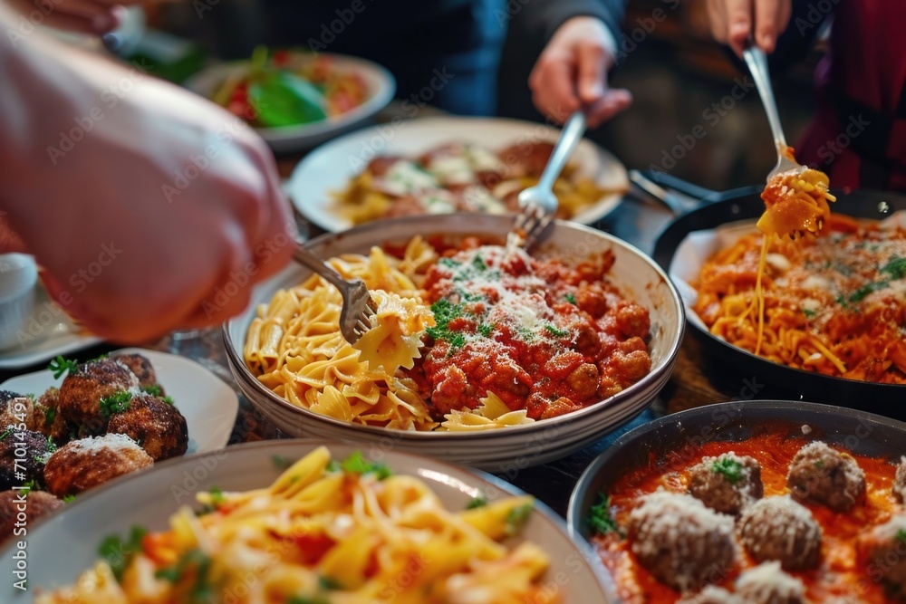 Poster a table filled with a variety of different types of food. perfect for food lovers and food-related c