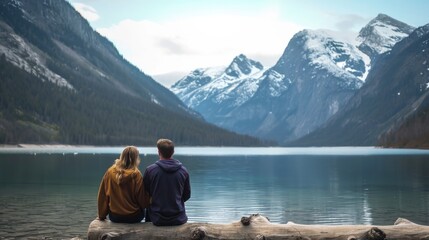 Couple sitting on a log, facing away, enjoying a serene lakeside view with mountains in the background generative ai
