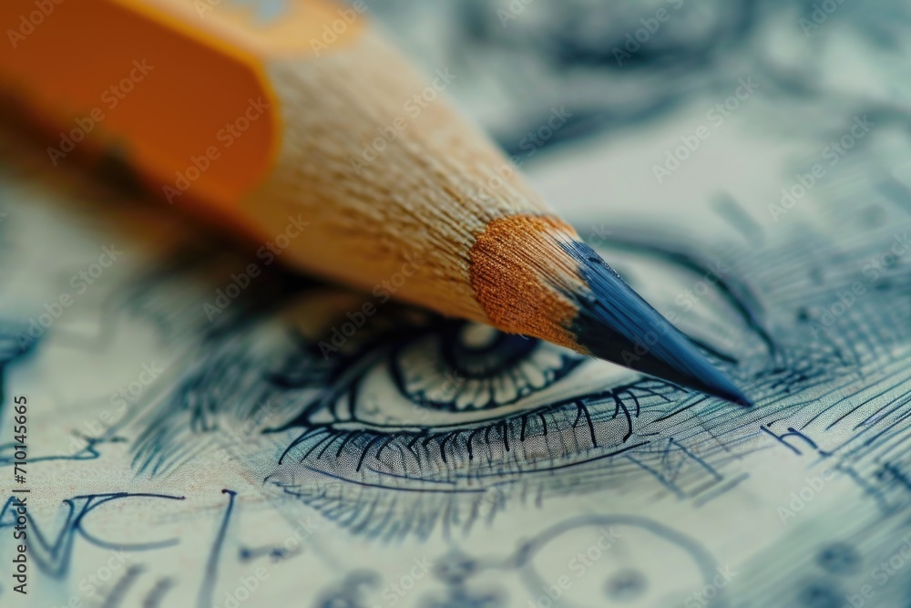 Poster a detailed view of a pencil resting on a sheet of drawing paper. this image can be used for various 