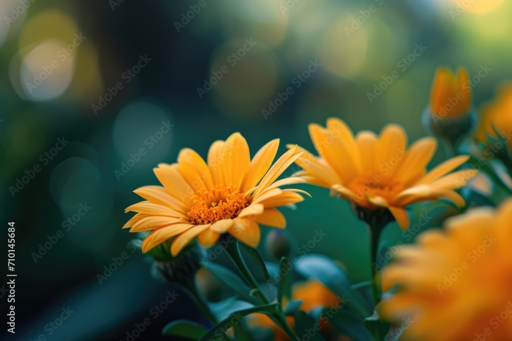 Poster A close-up view of vibrant yellow flowers in a field. Perfect for adding a touch of nature and beauty to any project