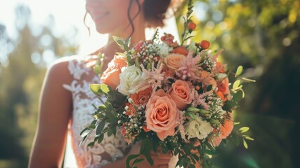 A woman in a wedding dress holding a bouquet of flowers. Perfect for wedding-related projects and romantic themes
