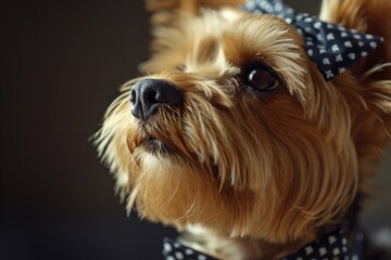 Naklejka premium A close up photo of a dog wearing a bow tie. This image can be used for pet fashion, formal events, or dog-themed designs