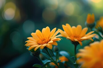 Fototapeta premium A close-up view of vibrant yellow flowers in a field. Perfect for adding a touch of nature and beauty to any project