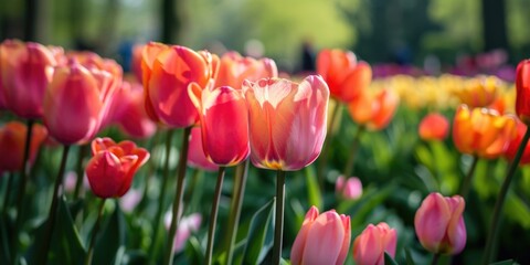 A vibrant field of pink and orange tulips, illuminated by the sun. Ideal for springtime or nature-themed designs