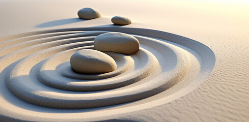 Fototapeta na wymiar Stone balance on pebble beach creates harmony and relaxation generated by AI