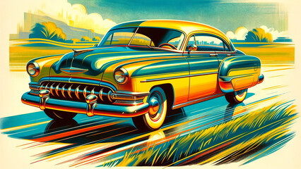 50's American Classic Car in a Road Trip, Vintage Old Poster Drawing Colorful.