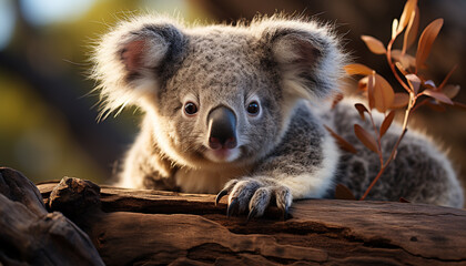 Cute koala looking at camera in eucalyptus tree generated by AI
