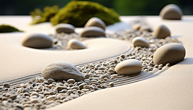 Smooth pebble, wet sand, wave, harmony, tranquil scene generated by AI