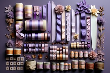 Whimsical arrangement of patterned washi tapes on a soft lavender canvas, allowing for a creative and colorful presentation of educational content - obrazy, fototapety, plakaty