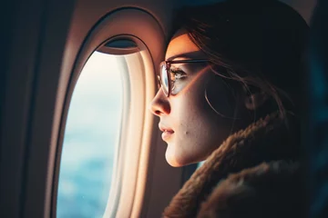 Fototapeten Portrait of a young woman looking out of the window of a plane © Dennis