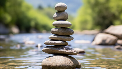 Tranquil scene of stacked stones symbolizing harmony generated by AI