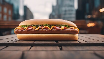 Delicious hotdog. Fresh hotdog on a table in a street cafe. AI generated - obrazy, fototapety, plakaty