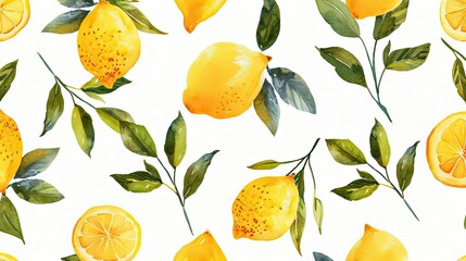 Lemons and Leaves Painting on White Background