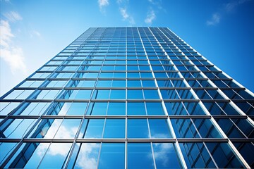 Fototapeta na wymiar Bright sunny day. mirrored facade construction of magnificent high-rise skyscraper