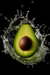 Avocado half and water splashes, black background