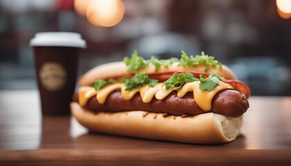 Tasty hot dog. An appetizing hot dog on a table in a street cafe. Selective focus. AI generated