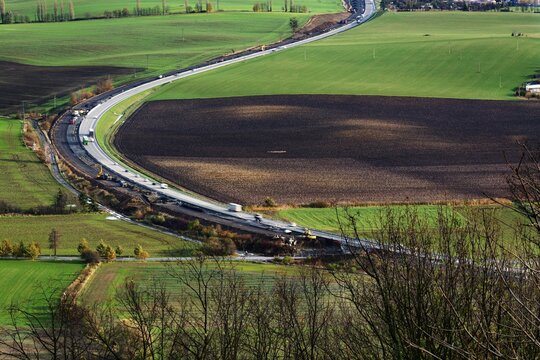 View from the ruins of the castle on the widening of the road near Nova Jicin. Czechia. 