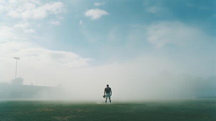 Obraz na płótnie Canvas Solitary football player walking in a misty field, evoking early morning training