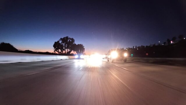 Night rear view driving time lapse view of Route 118 freeway in the Simi Valley area of Ventura County, California.