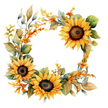 Sunflower Floral Wreath Border Frame and Gold Glitter