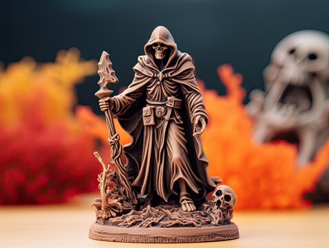 3d printed black plastic necromancer figurine on a wooden table with flames in the background
