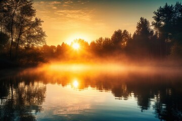 Obraz premium sunrise over the river, Golden hour glow reflects on water amidst a quiet nature scene, peach fuzz landscape