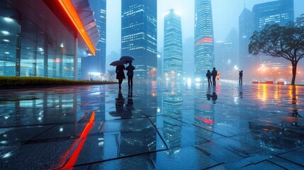 image stock banner, Urban Cityscapes, A modern skyline at night, Rainy urban scene with people under umbrellas and city light reflections