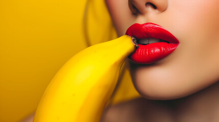 close up woman with red lips taking a bite from yellow banana