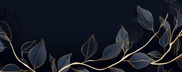 Abstract botanical background with tree branches and leaves in line art. Fuchsia and golden leaf, brush, line, splash of paint  - obrazy, fototapety, plakaty