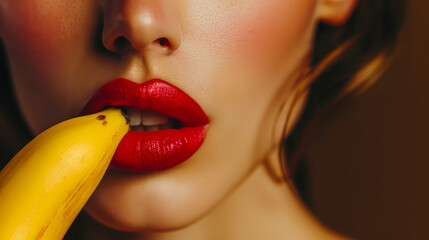 woman with red lips taking a bite from yellow banana - obrazy, fototapety, plakaty
