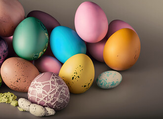 Three blue speckled eggs in bird nest , Easter holiday decorations , Easter concept background