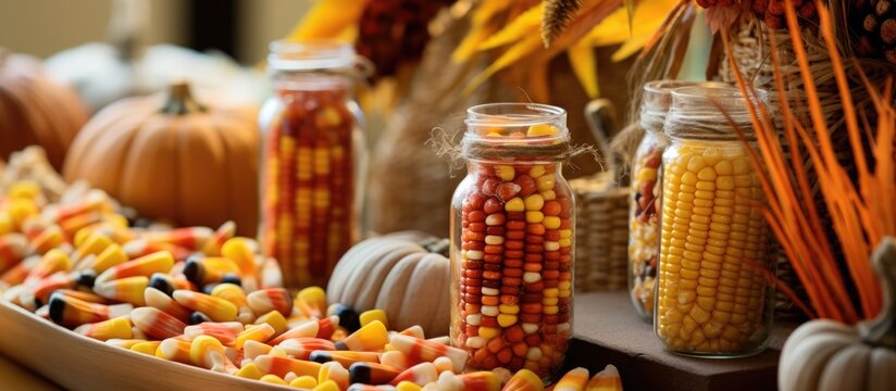 Autumn-themed decor and candy shaped like corn.