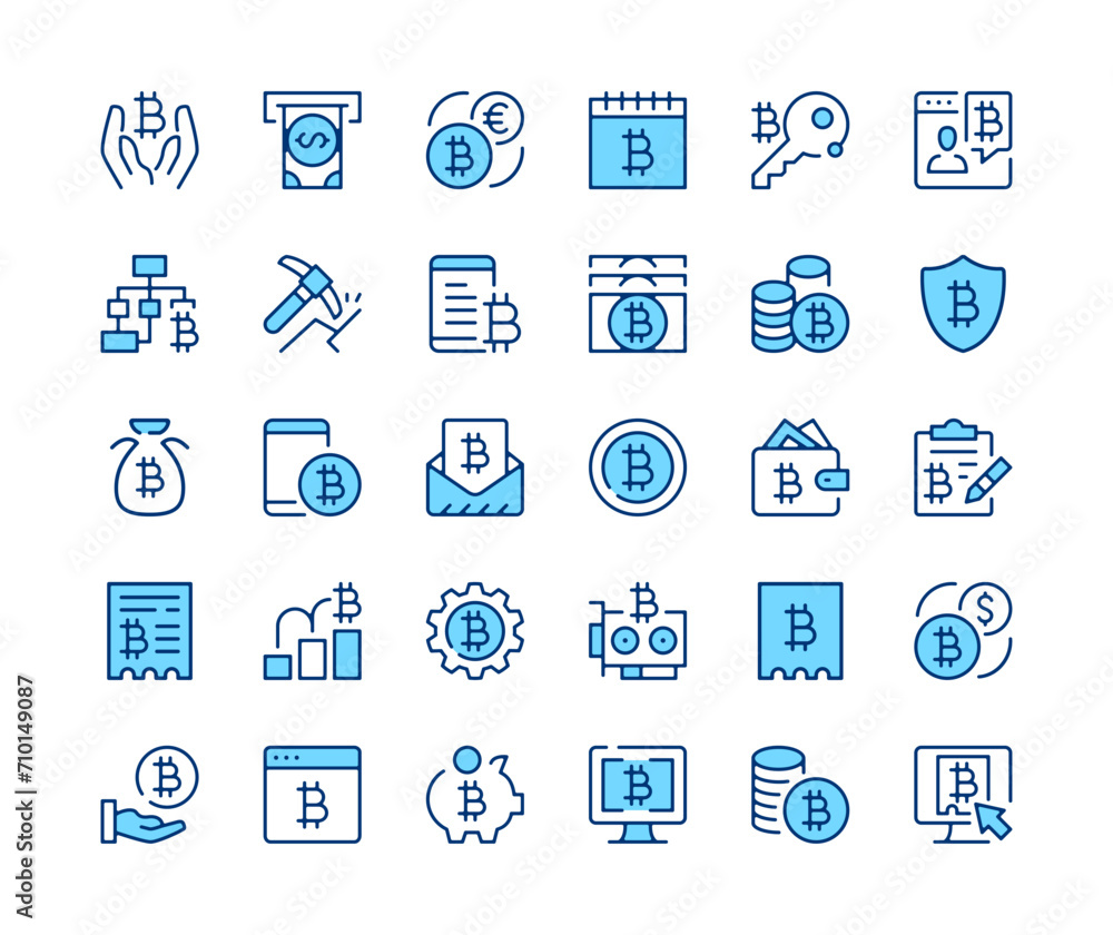 Poster bitcoin icons set. vector line icons. blue color outline stroke symbols. modern concepts