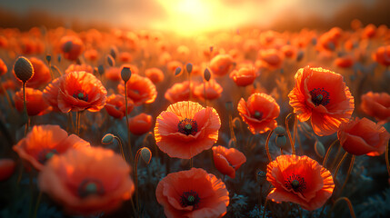 Red Poppy Field at Sunset.