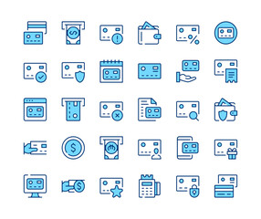 Credit card icons set. Vector line icons. Blue color outline stroke symbols. Modern concepts