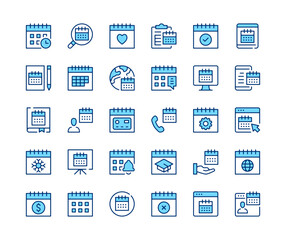 Calendar icons set. Vector line icons. Blue color outline stroke symbols. Modern concepts