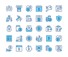 Bitcoin icons set. Vector line icons. Blue color outline stroke symbols. Modern concepts