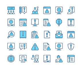 Warning icons set. Vector line icons. Blue color outline stroke symbols. Modern concepts