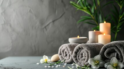 Spay theme, gray background with towels and candles