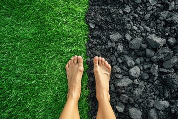 A pair of feet, one on green grass and the other on coal, metaphor for choices in reducing carbon footprint