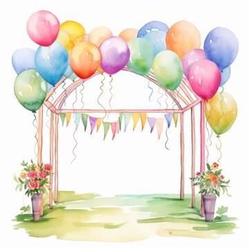 Aquarell einer bunten Gartenparty mit Pavillon und Luftballons Illustration