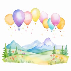Obraz na płótnie Canvas Aquarell einer Frühlingslandschaft mit Luftballons Illustration