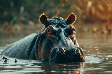 Hippo in the water looking at camera.