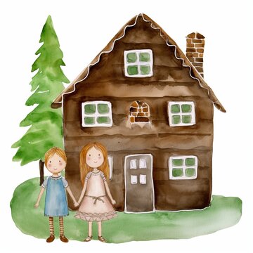 Aquarell von Hänsel und Gretel vor einem Lebkuchenhaus Illustration