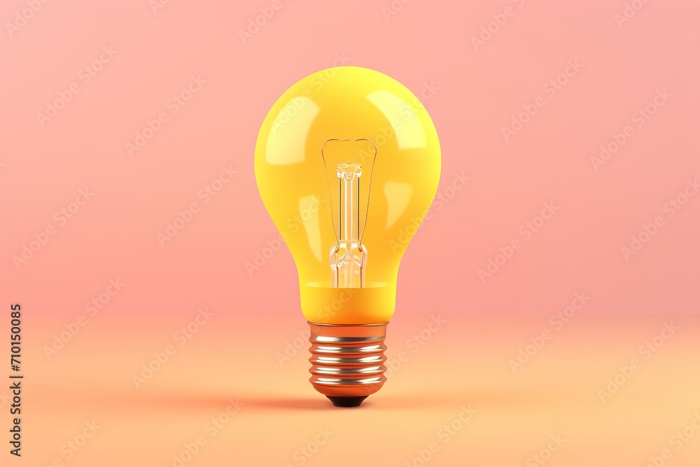 Poster pastel 3d rendering of lightbulb idea on yellow background.