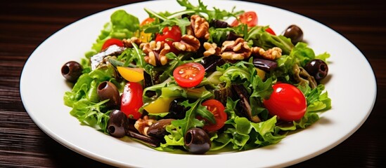 Fresh vegetable salad with cherry tomatoes, red peppers, olives, walnuts, raisins, and greens on a white plate.