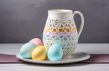 Obraz na płótnie Canvas Easter eggs on white plate next to openwork jug. Holiday concept 