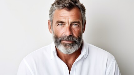 Well groomed bearded man over 45 years old. Beard style for men. Concept for men's mustache and beard hair care. Senior age model men - obrazy, fototapety, plakaty